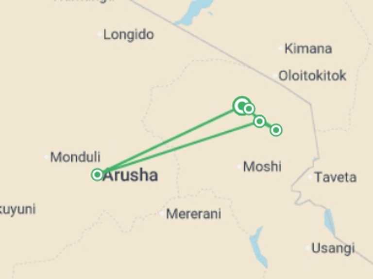 Map itinerary of Africa Tour in December 2026 with 5 destination visits for the trip: 5-Day Climbing Kilimanjaro Marangu Route
