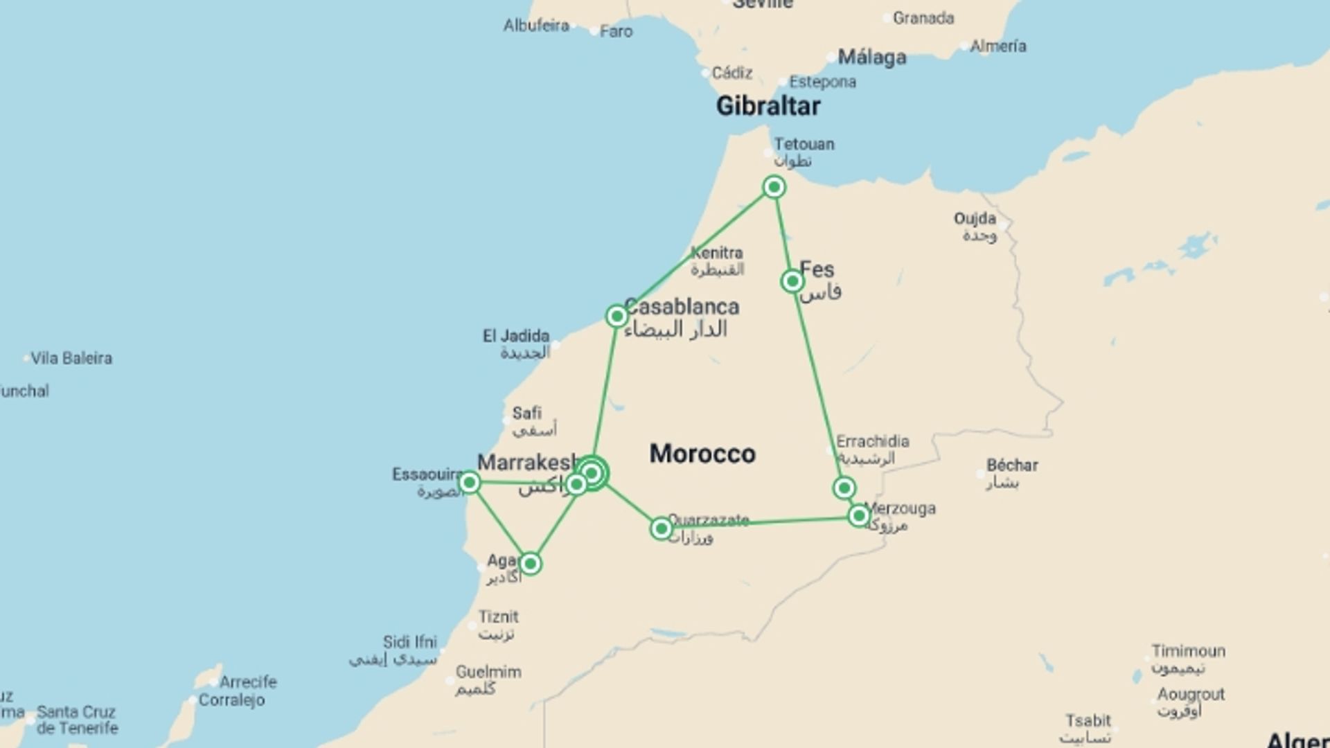 A map showing the tour itinerary for the trip: Morocco Uncovered, starting in Marrakech, Morocco and ending in Marrakech, Morocco going through 10 other destinations.