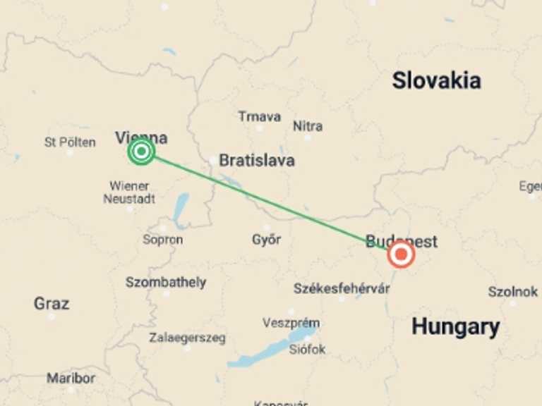 Map itinerary of Vienna Tour in September 2025 with 2 destination visits for the trip: Vienna, Budapest AR