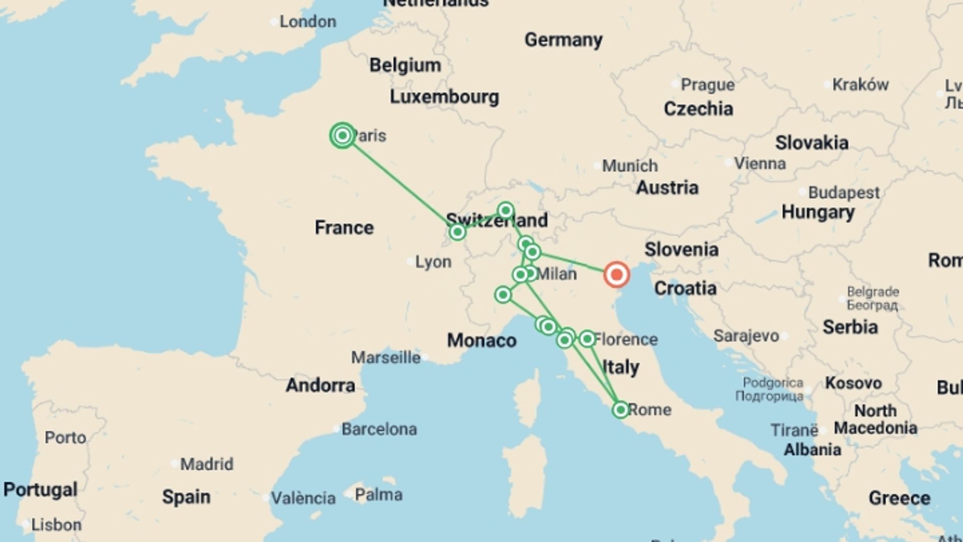 A map showing the tour itinerary for the trip: France, Switzerland, and Italy by Rail, starting in Paris, France and ending in Italy going through 5 other destinations.
