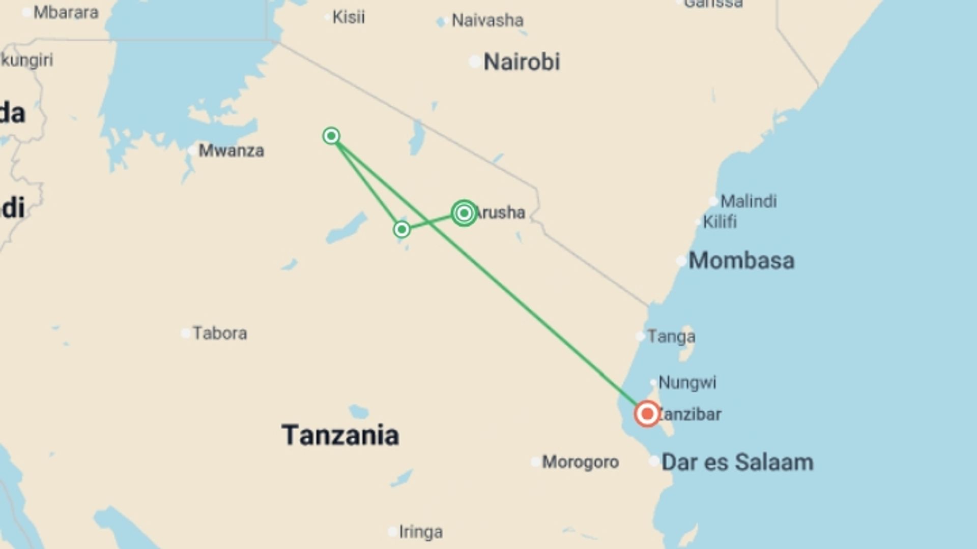 A map showing the tour itinerary for the trip: Tanzania Safari & Beach - 14 days, starting in Arusha, Tanzania and ending in Zanzibar, Tanzania going through 2 other destinations.
