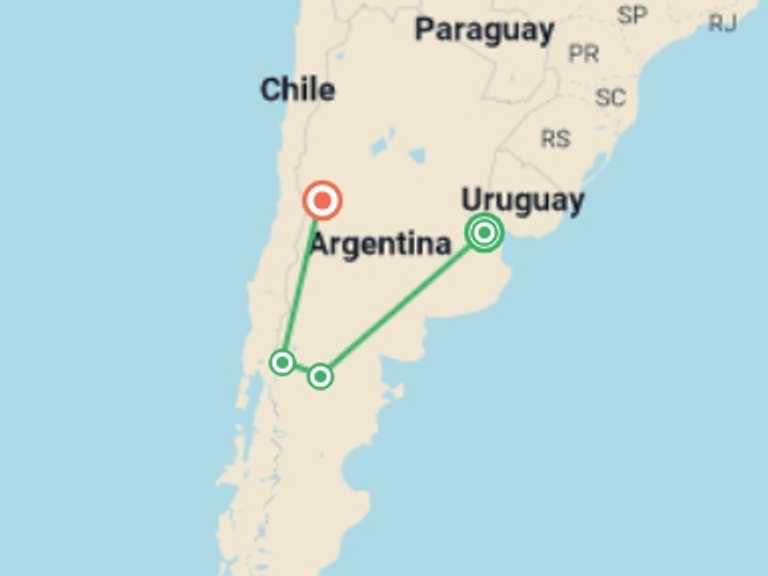 Map itinerary of Patagonia Tour in October 2025 with 4 destination visits for the trip: Argentina Family Trip