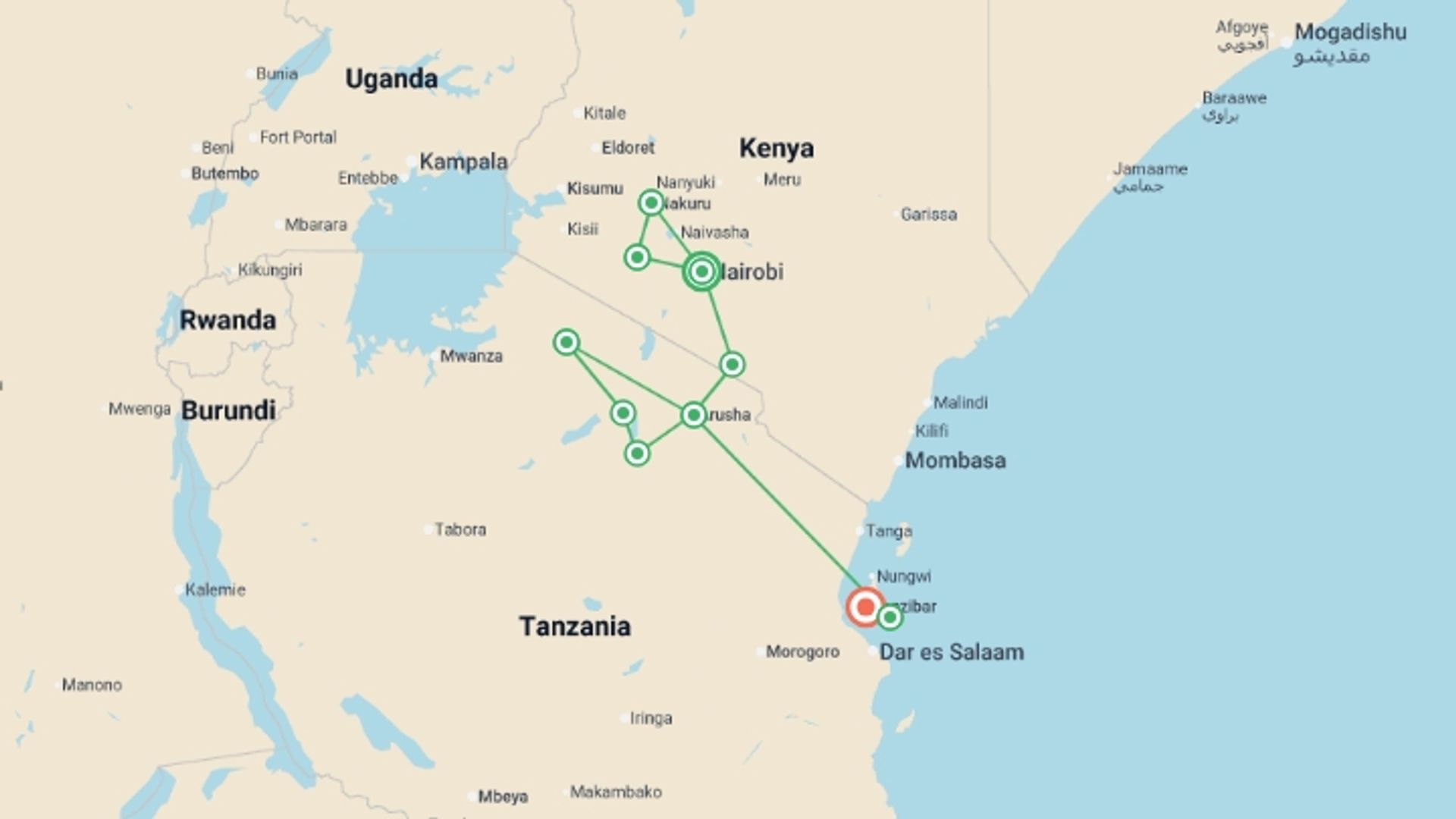 A map showing the tour itinerary for the trip: East Africa: Kenya, Tanzania & Zanzibar's Beaches, starting in Nairobi, Kenya and ending in Zanzibar, Tanzania going through 8 other destinations.