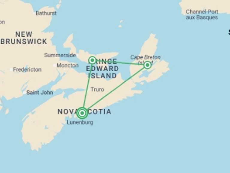 Map itinerary of Canada Tour in October 2026 with 3 destination visits for the trip: Nova Scotia, Prince Edward & Cape Breton - 8 days