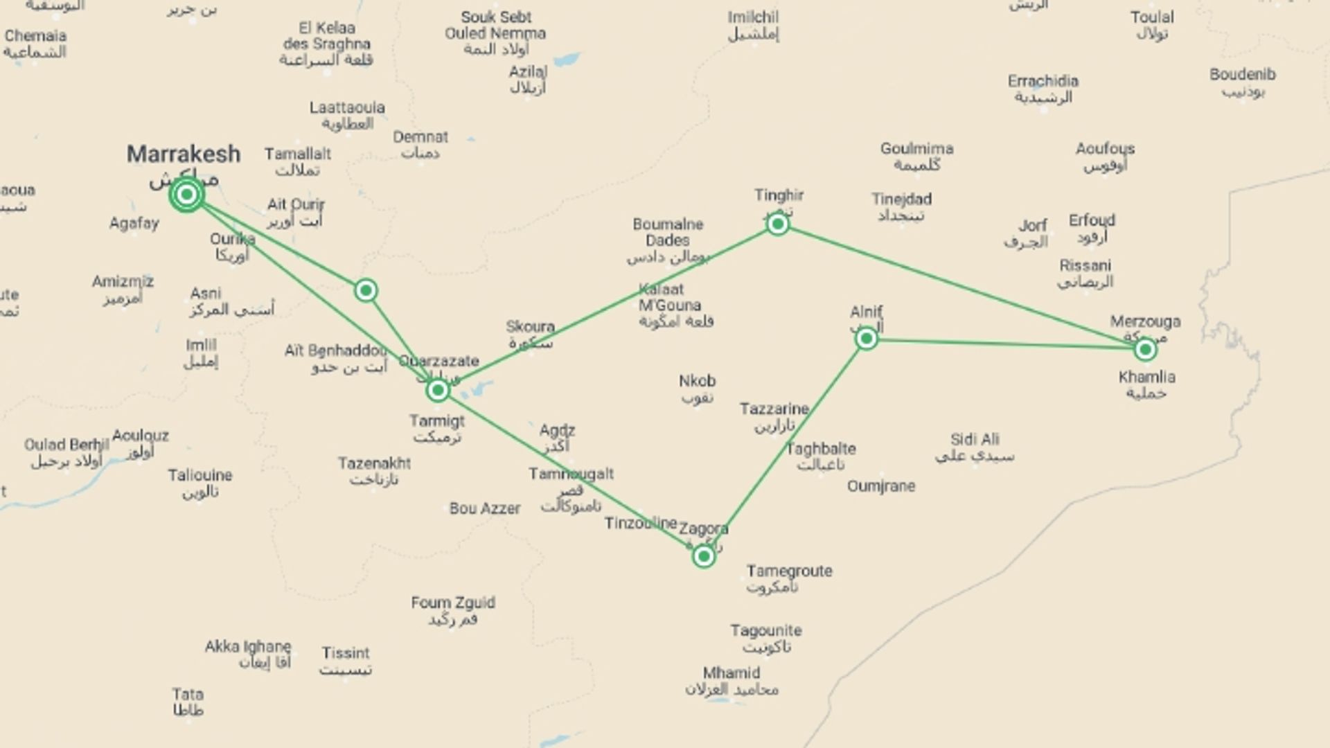 A map showing the tour itinerary for the trip: Tui Tours | Atlas Mountains - Tracks Of The Nomads, Small Group Tour, starting in Marrakech, Morocco and ending in Marrakech, Morocco going through 3 other destinations.
