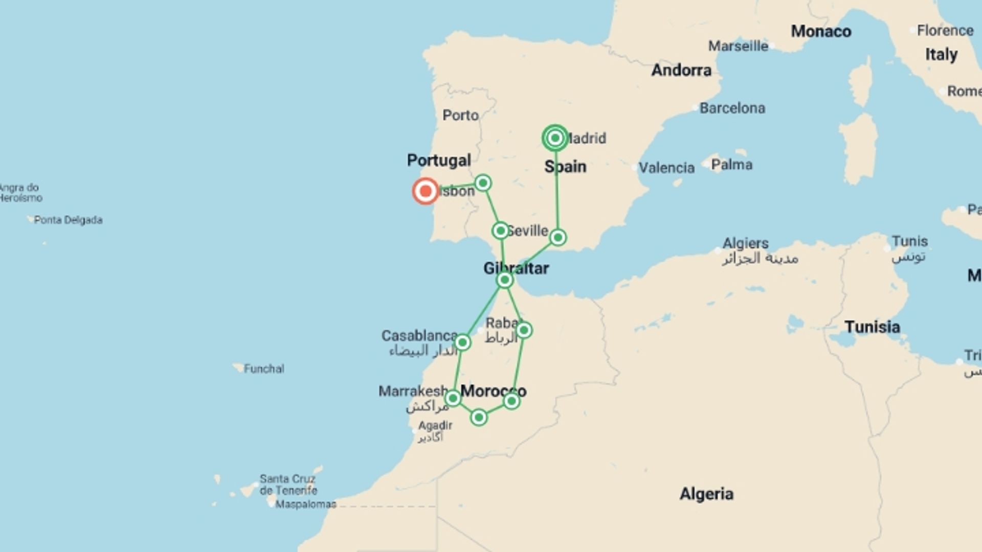 A map showing the tour itinerary for the trip: Madrid, Andalusia, Morocco and Lisbon (without Alhambra), starting in Madrid, Spain and ending in Lisbon, Portugal going through 9 other destinations.