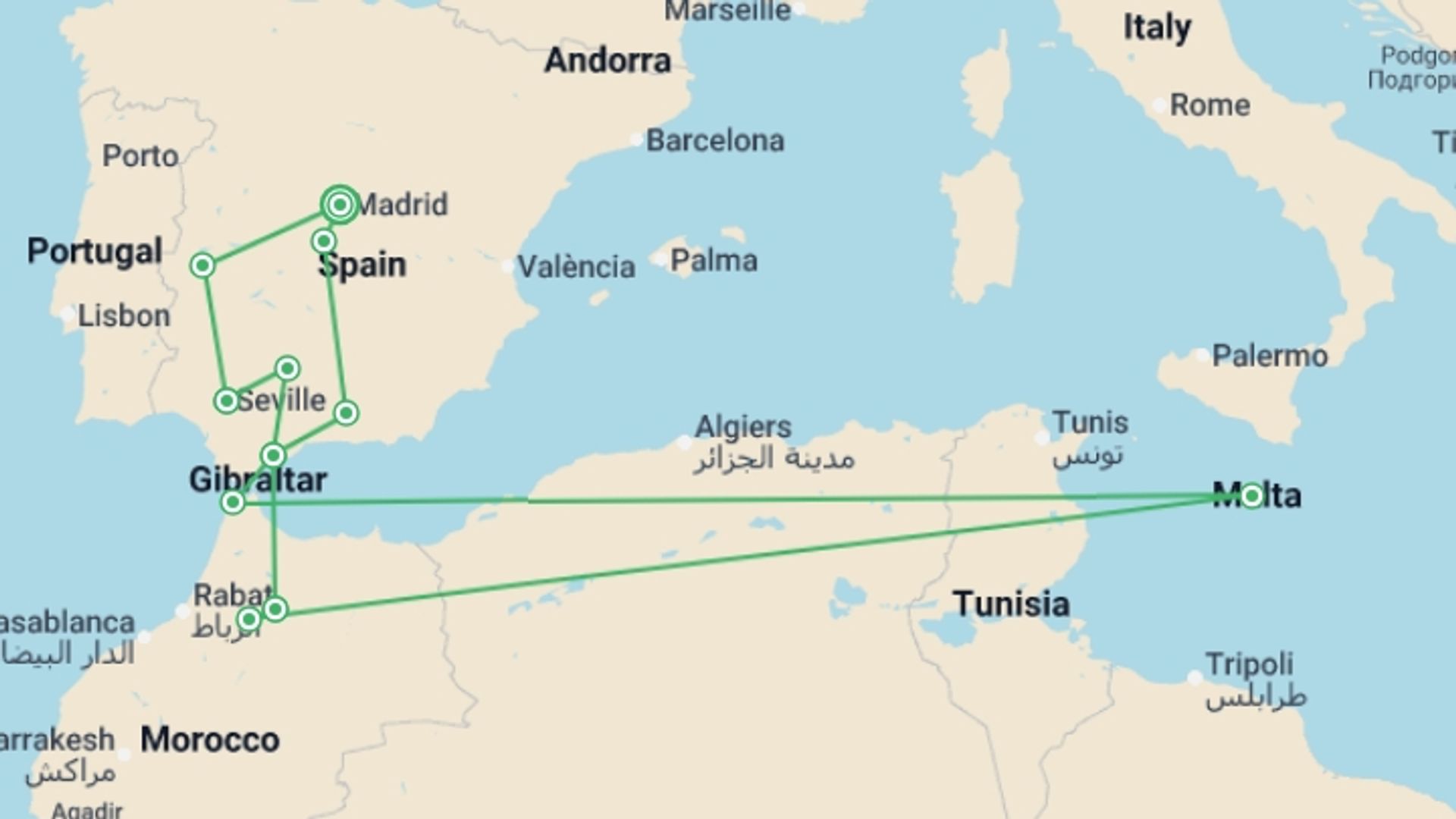 A map showing the tour itinerary for the trip: 10-day Andalusia And Morocco Escorted Tour From Madrid (c-6102), starting in Madrid, Spain and ending in Madrid, Spain going through 6 other destinations.