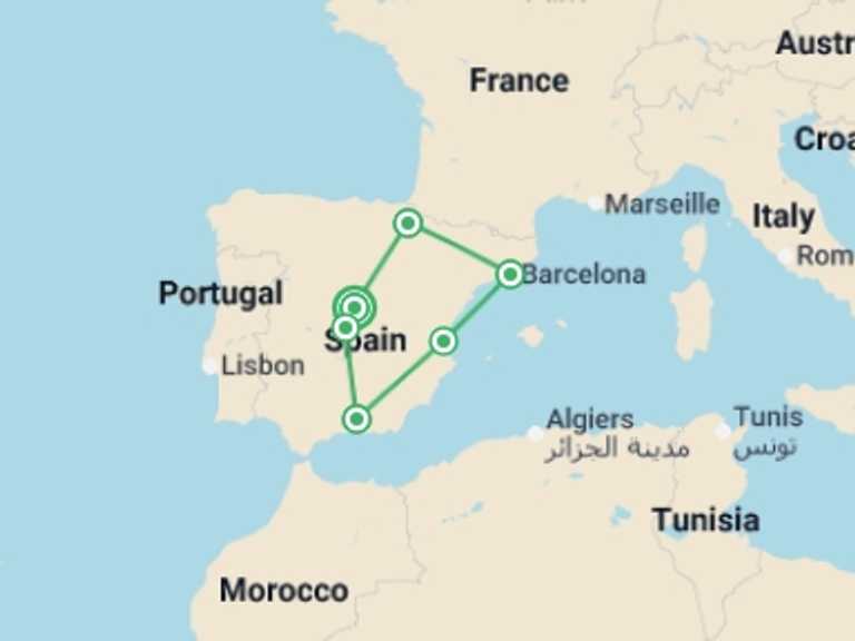 Map itinerary of Europe Tour in Summer with 6 destination visits for the trip: Best of Spain
