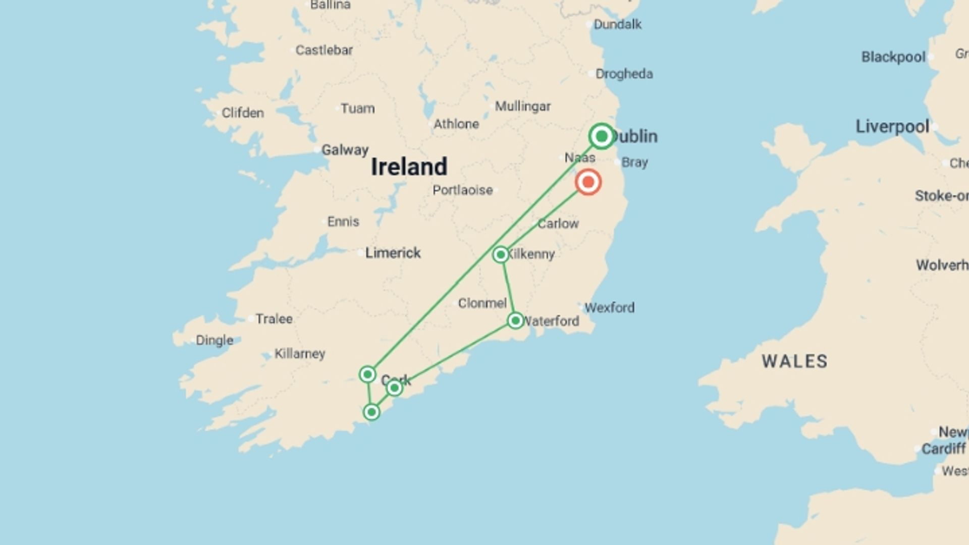 A map showing the tour itinerary for the trip: Blarney Castle, Whiskey and Mountains (Hotel) - 3 days, starting in Dublin, Ireland and ending in Wicklow Way, Ireland going through 3 other destinations.