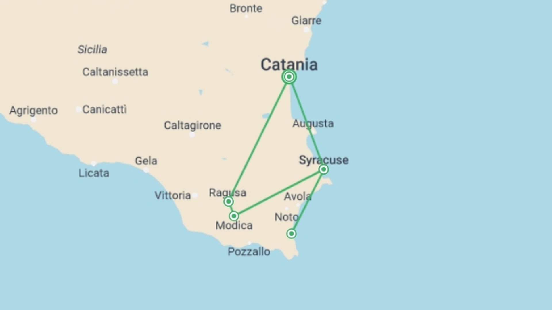 A map showing the tour itinerary for the trip: South-oriental Sicily Beauty, Self-drive, starting in Catania, Italy and ending in Catania, Italy going through 2 other destinations.