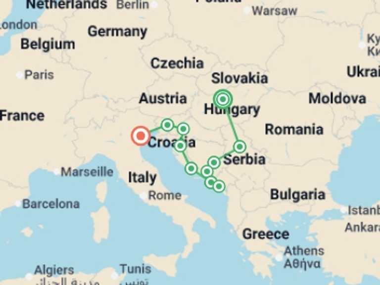 Map itinerary of Venice Tour in July 2027 with 11 destination visits for the trip: Budapest to Venice