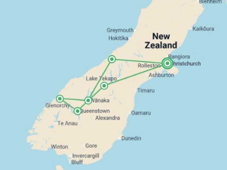 Map of a National parks Tour with 6 destination visits for the trip: The Southern Drift