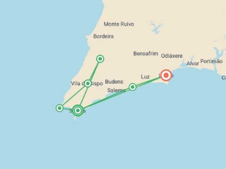 Map of Portugal Tour with 4 destination visits for the trip: Walking the Algarve's South West