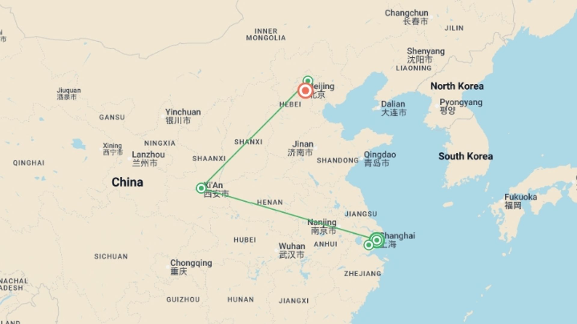 A map showing the tour itinerary for the trip: China Highlights, starting in Shanghai, China and ending in Beijing, China going through 3 other destinations.