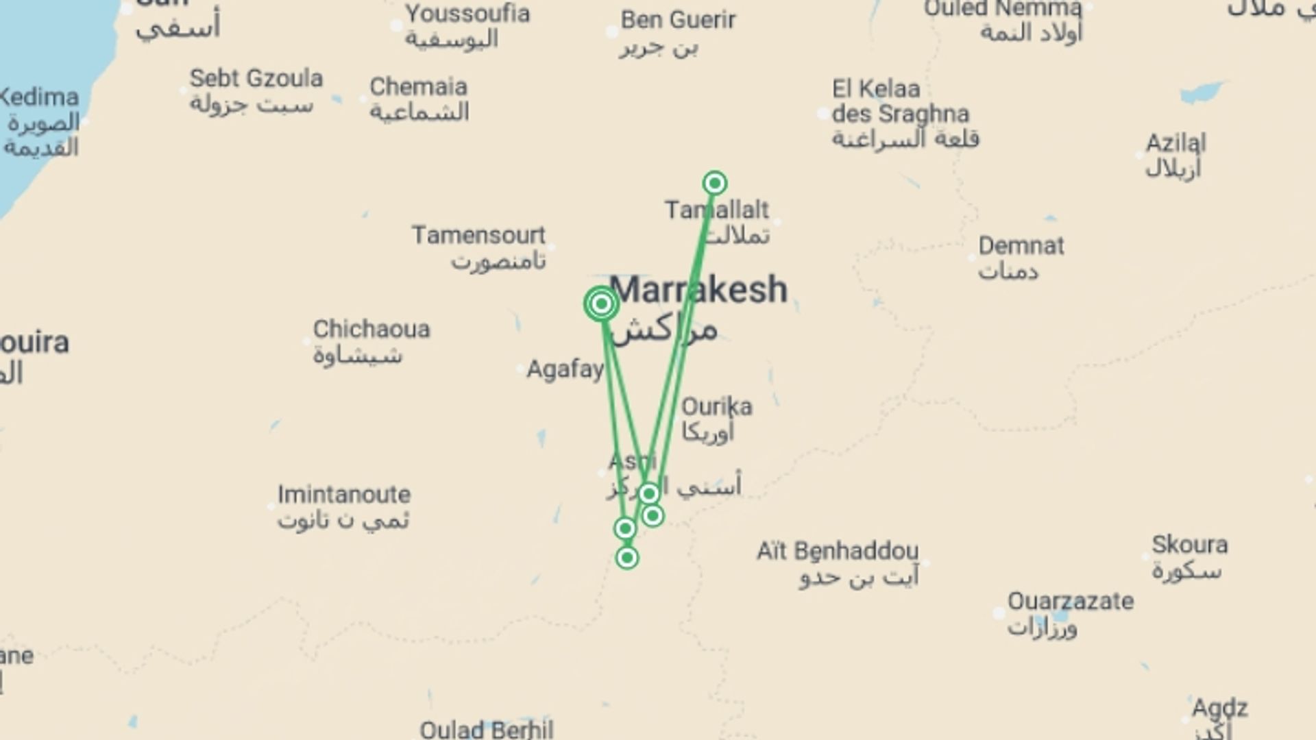 A map showing the tour itinerary for the trip: Mount Toubkal Trek - 8 days, starting in Marrakech, Morocco and ending in Marrakech, Morocco going through 3 other destinations.