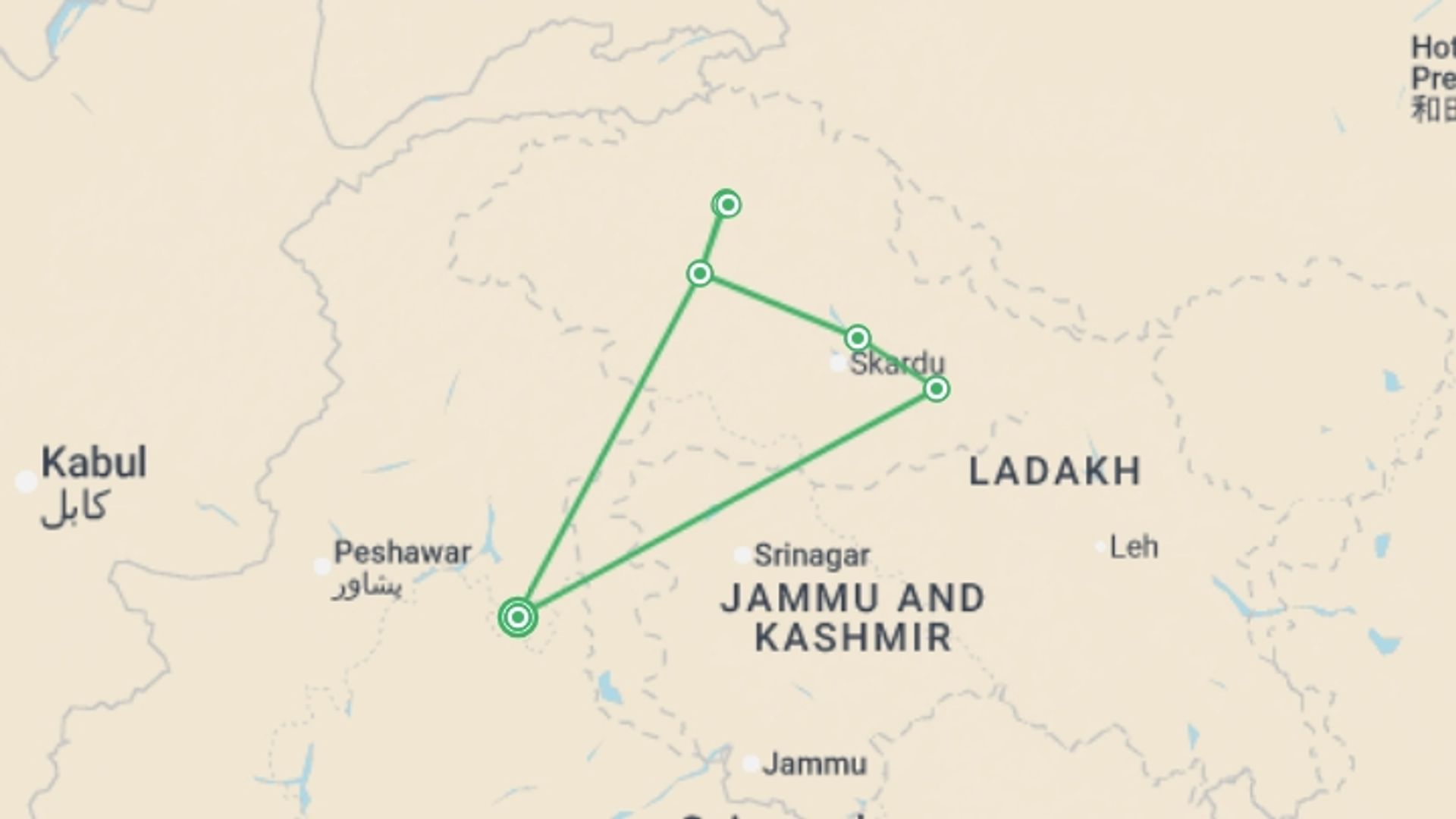 A map showing the tour itinerary for the trip: The Karokaram Experience 14D/13N, starting in Islamabad, Pakistan and ending in Islamabad, Pakistan going through 6 other destinations.