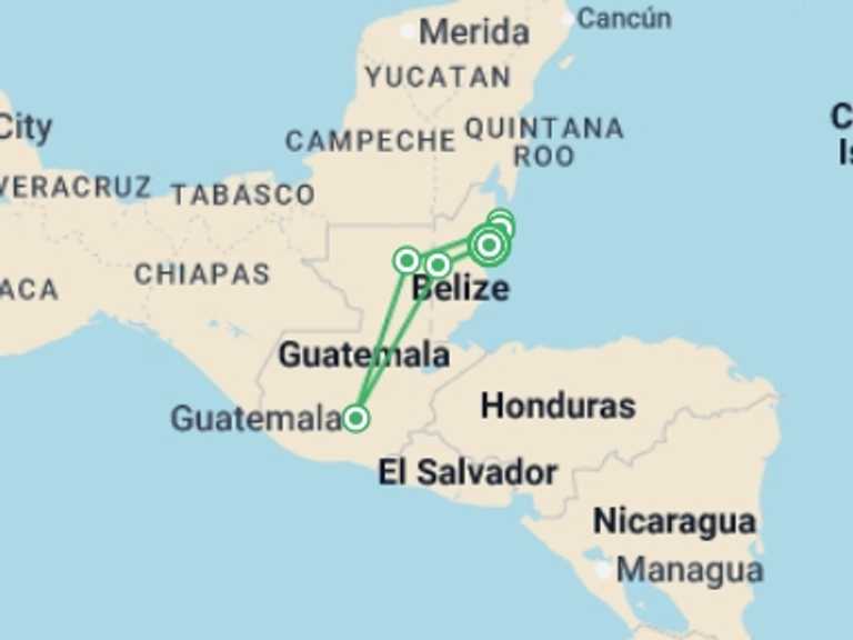 Map of a Boat tours, water sports and marine wildlife Tour with 6 destination visits for the trip: Belize Reef & Ruins