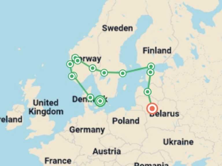 Map itinerary of Vilnius Tour in August 2026 with 12 destination visits for the trip: Magic of Scandinavia and the Baltics
