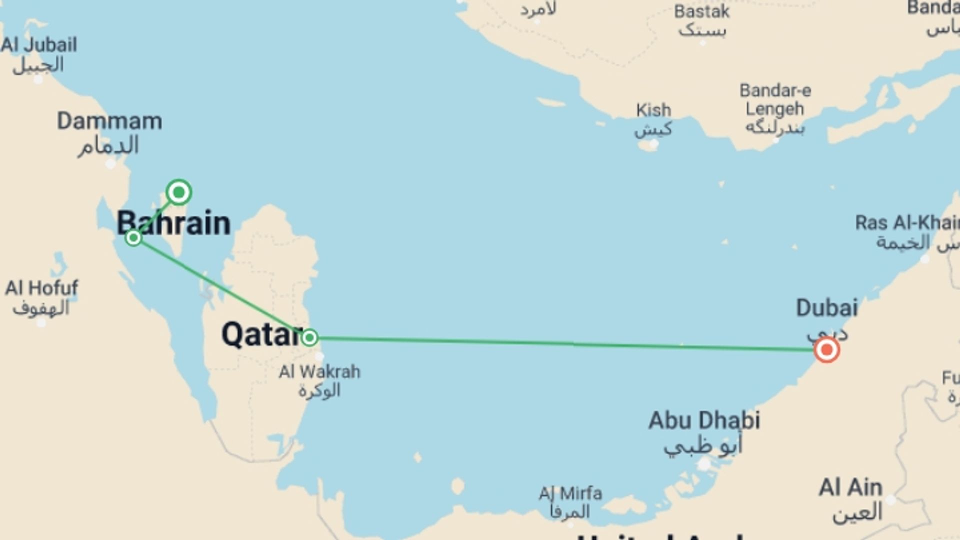 A map showing the tour itinerary for the trip: Bahrain, Qatar and Dubai, starting in Manama, Bahrain and ending in Dubai, UAE going through 2 other destinations.