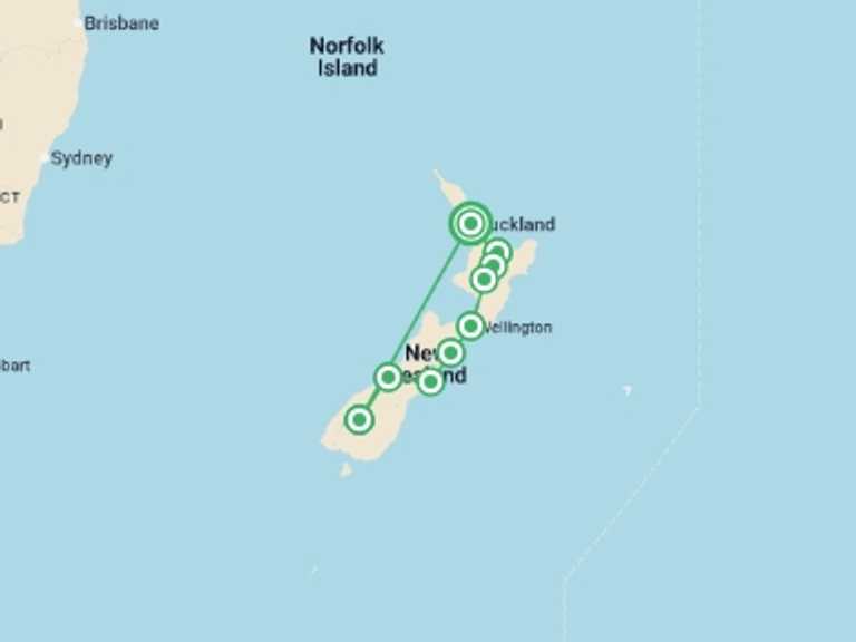 Map of New Zealand Tour with 9 destination visits for the trip: New Zealand Panorama