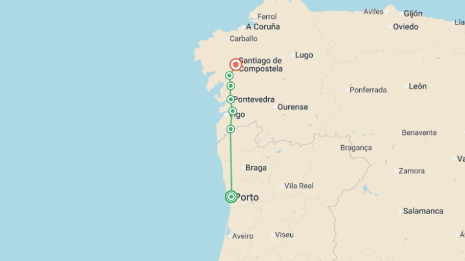 A map showing the tour itinerary for the trip: Camino de Santiago Walking Experience 8D/7N (from Porto via Tui), starting in Porto, Portugal and ending in Santiago De Compostela, Spain going through 5 other destinations.