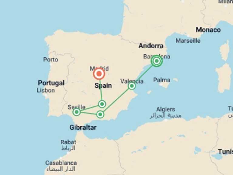 Map itinerary of Madrid Tour in Spring with 5 destination visits for the trip: Amazing Spain with Barcelona