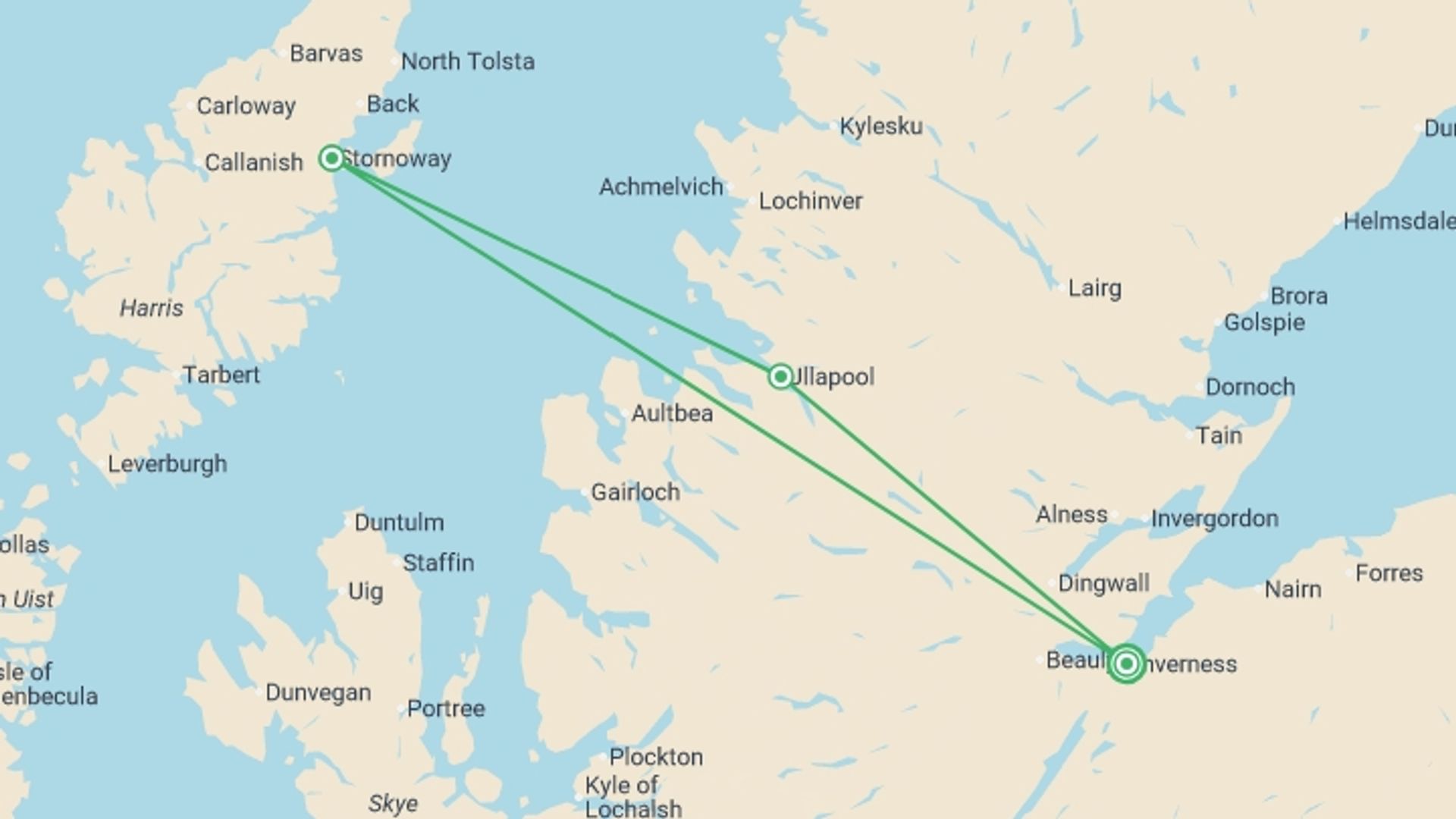 A map showing the tour itinerary for the trip: Escape to the Hebrides Express - 3 days, starting in Inverness, Scotland and ending in Inverness, Scotland going through 1 other destinations.