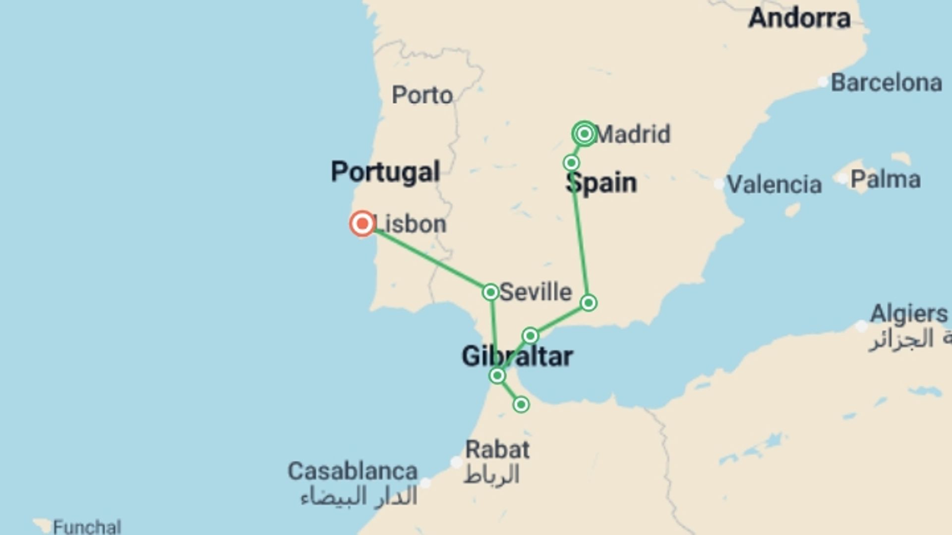 A map showing the tour itinerary for the trip: Spain, Morocco & Portugal Whirl, starting in Madrid, Spain and ending in Lisbon, Portugal going through 4 other destinations.