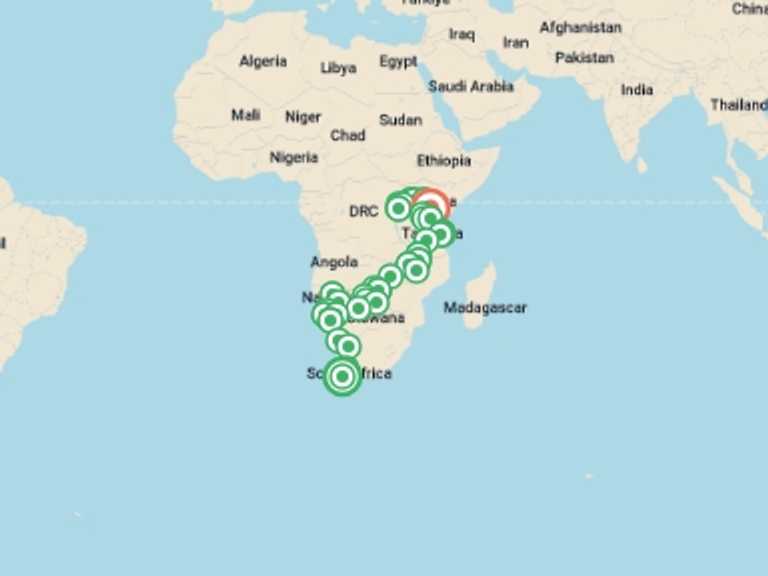 Map itinerary of Africa Tour in January 2027 with 39 destination visits for the trip: Ultimate Africa: Safari Drives & the Savannah