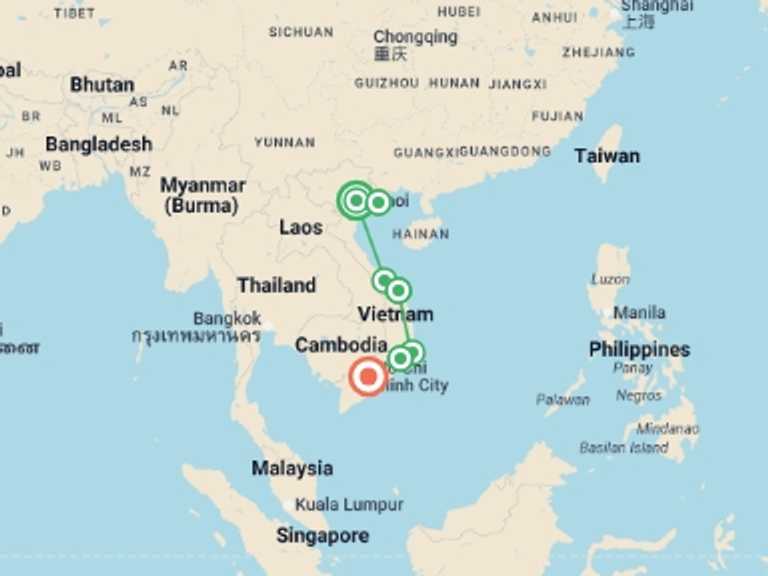 Map of Hanoi Cultural, religious and historic sites Tour with 7 destination visits for the trip: Vietnam Circuit (from Hanoi) Express Travel Pass