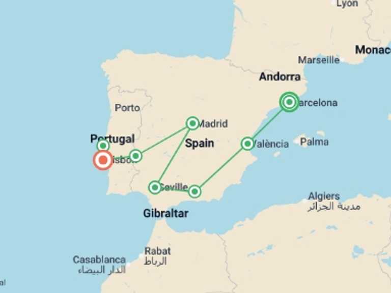 Map itinerary of Europe Tour in December 2026 with 7 destination visits for the trip: Spain's Classics & Portugal 