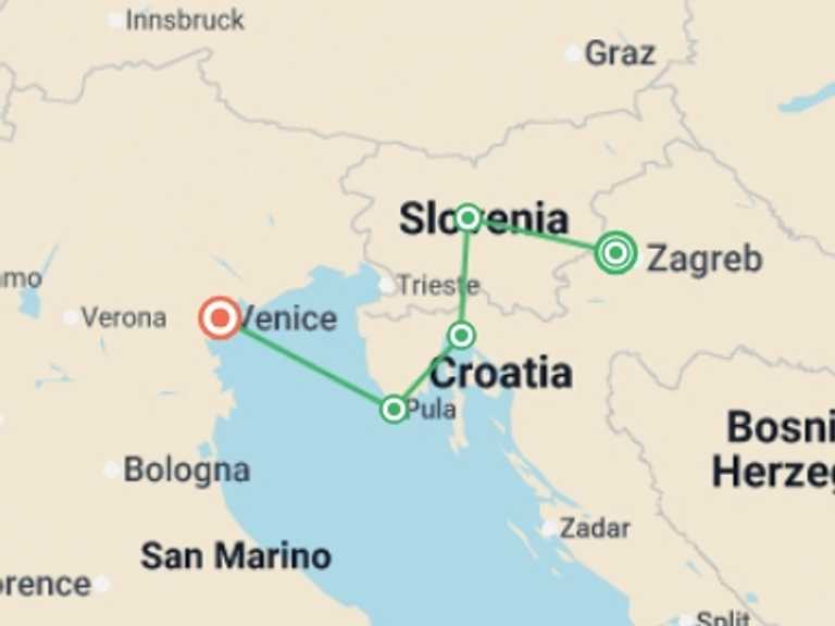 Map of Zagreb City sightseeing Tour with 5 destination visits for the trip: Adriatic Escape