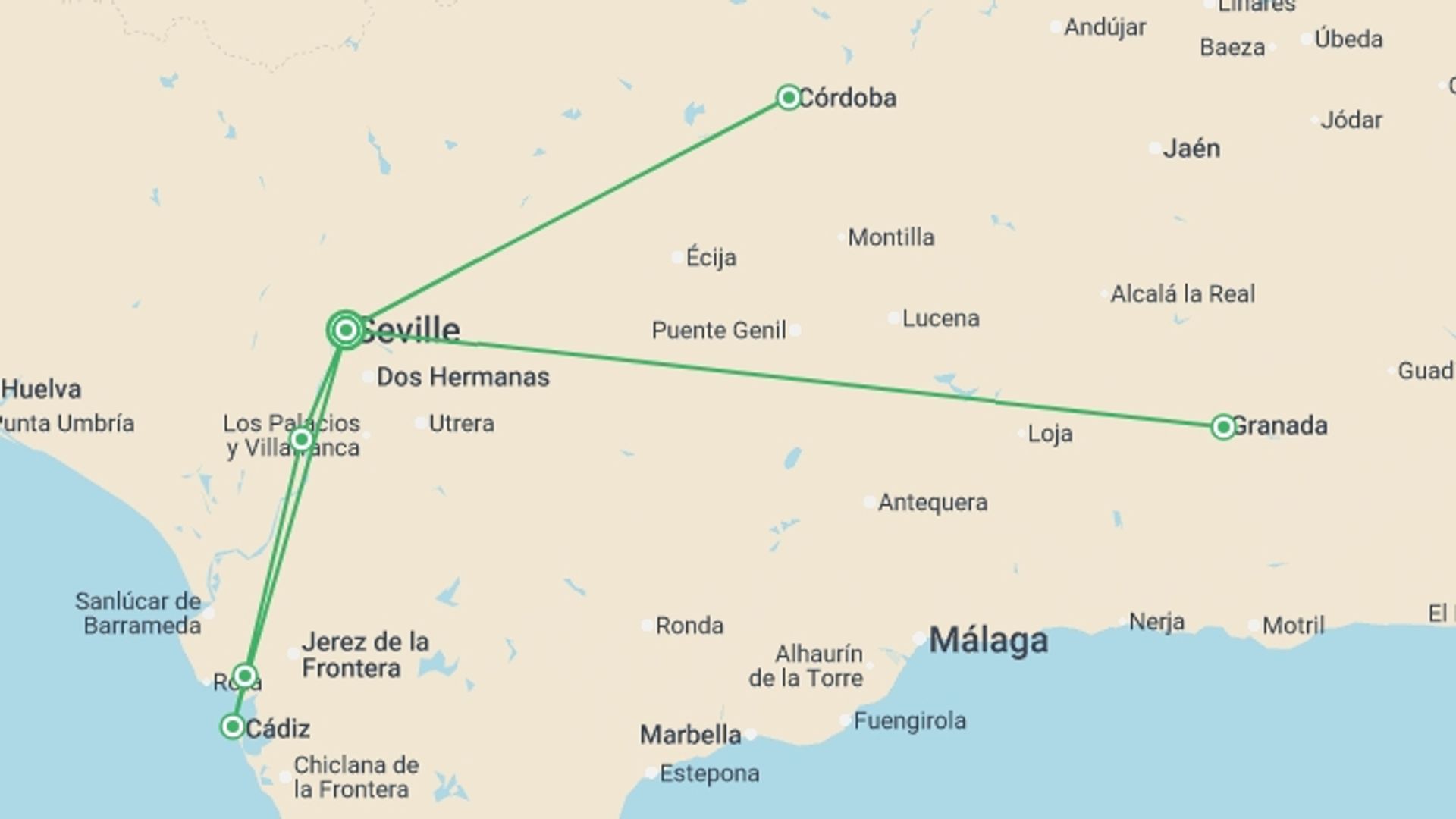 A map showing the tour itinerary for the trip: Andalusia: Tradition, Gastronomy and Flamenco (port-to-port cruise), starting in Seville, Spain and ending in Seville, Spain going through 2 other destinations.