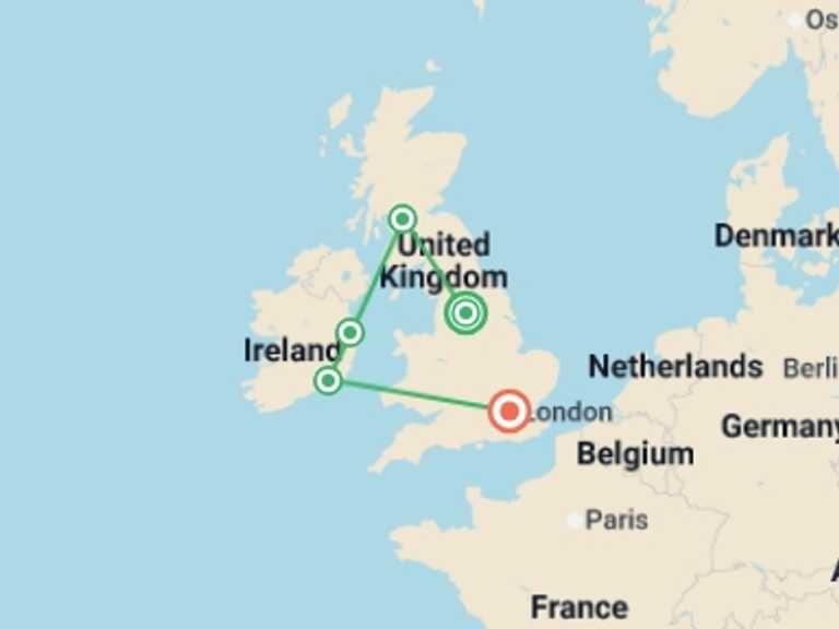 Map of England Tour with 5 destination visits for the trip: Britain and Ireland Delight