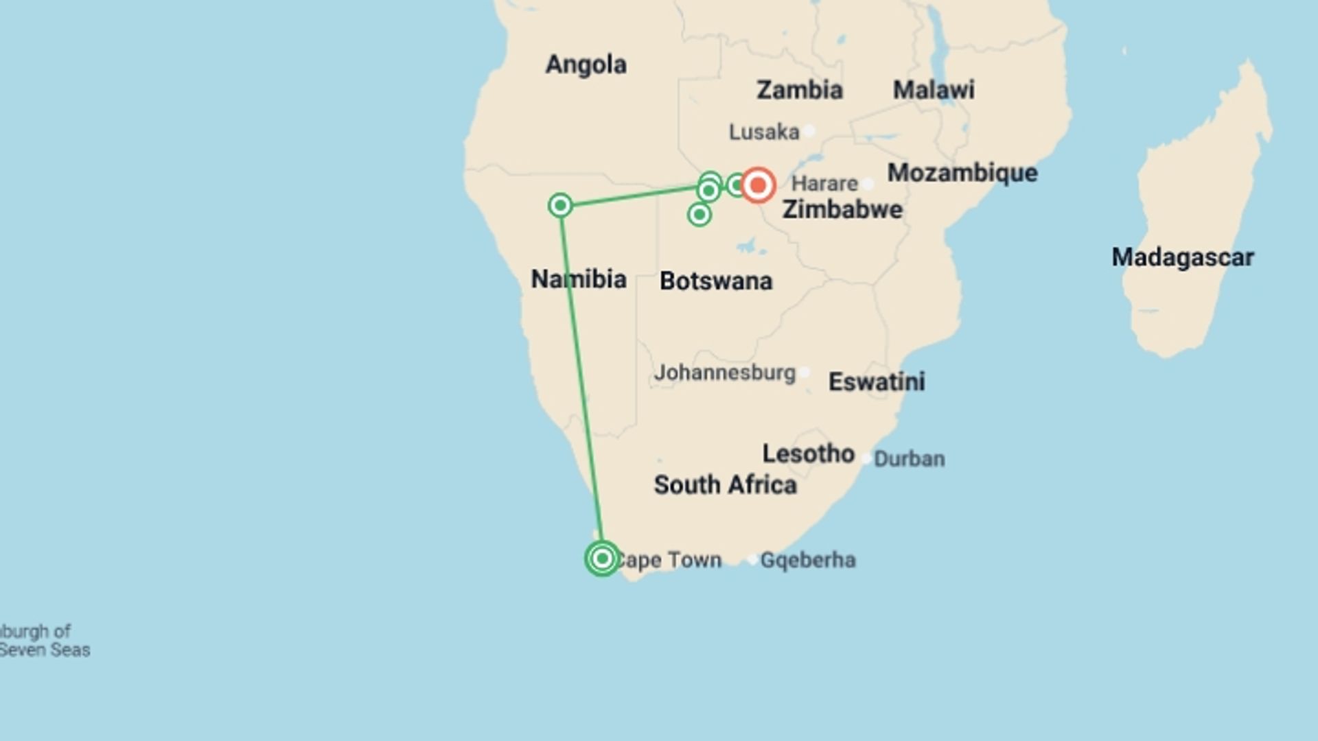 A map showing the tour itinerary for the trip: African Wildlife Explorer, starting in Cape Town, South Africa and ending in Victoria Falls, Zimbabwe going through 5 other destinations.