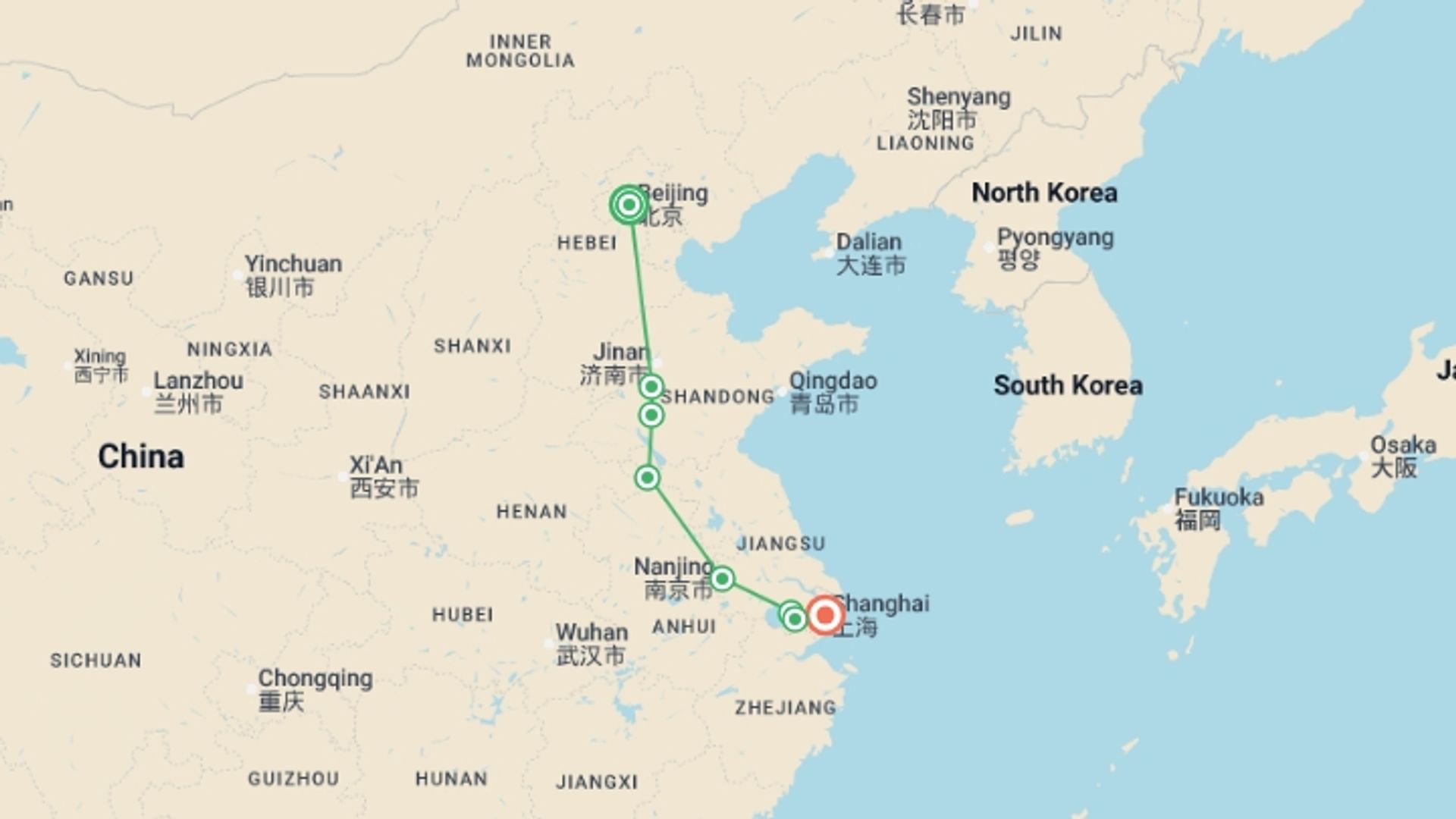 A map showing the tour itinerary for the trip: Spiritual and Modern China, starting in Beijing, China and ending in Shanghai, China going through 3 other destinations.