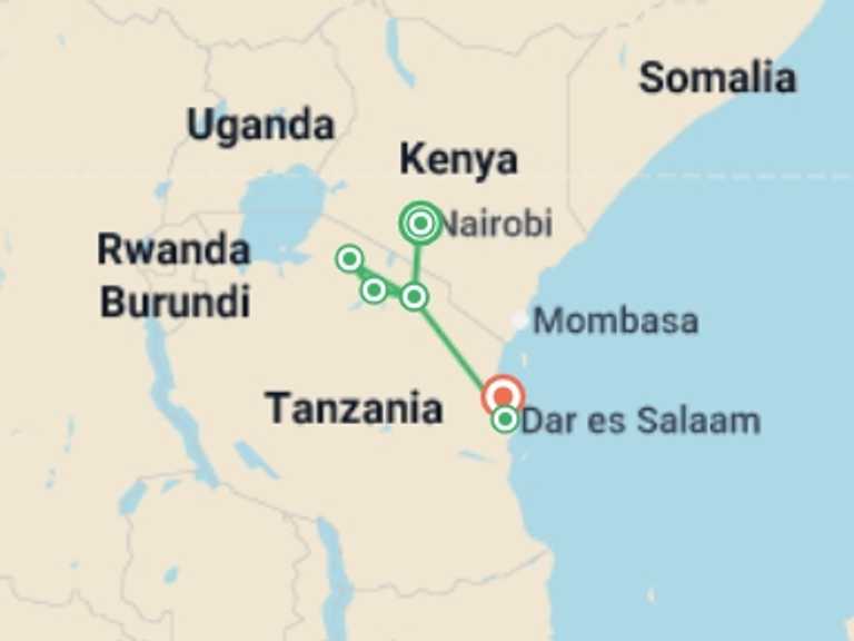 Map of 10-Day Africa Tour with 7 destination visits for the trip: Nairobi to Zanzibar: Serengeti & Sunsets