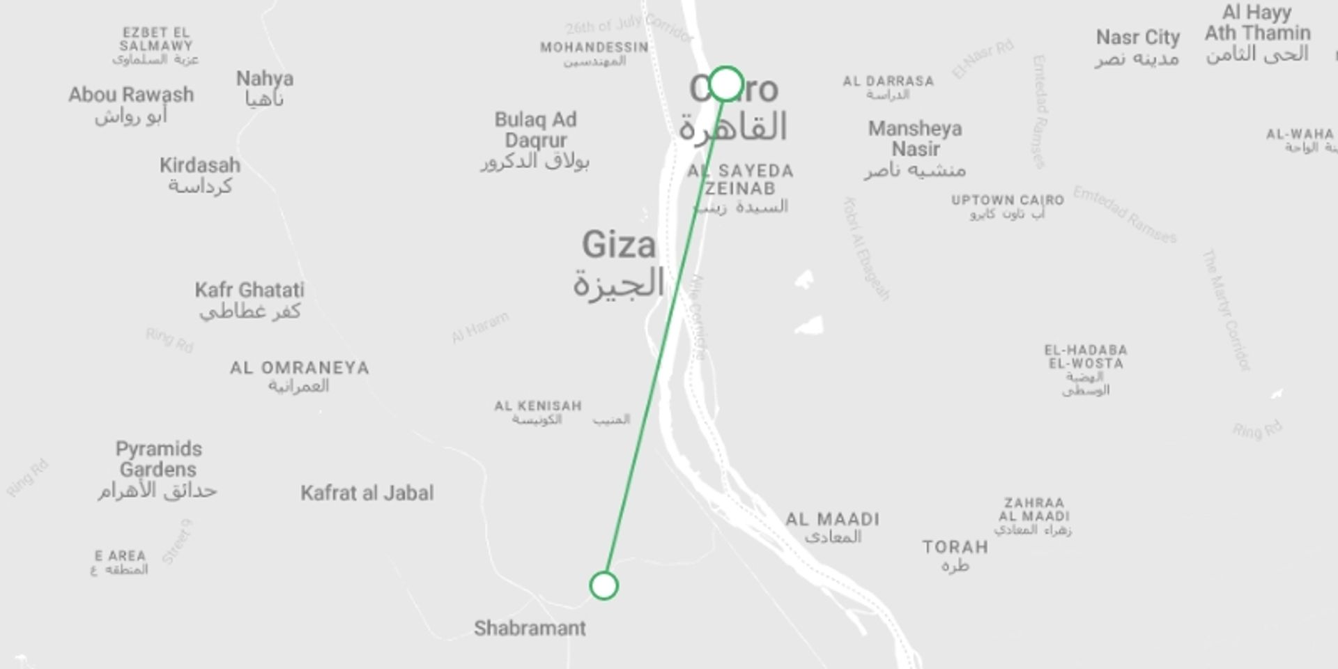 A map showing the tour itinerary for the trip: Cairo Short Break , starting in Cairo, Egypt and ending in Cairo, Egypt going through 2 other destinations.