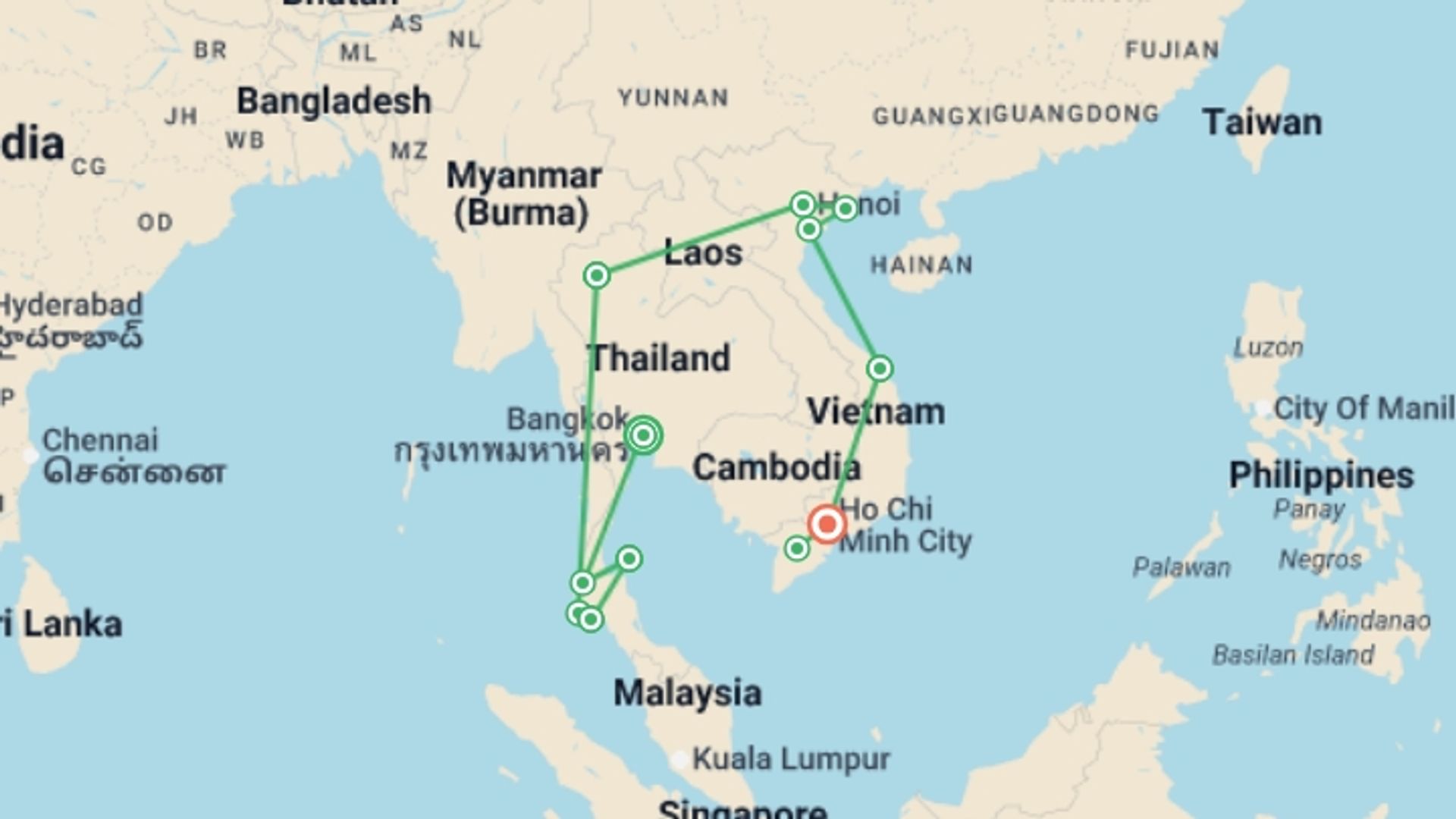 A map showing the tour itinerary for the trip: Thailand & Vietnam Youth Adventure - 29 days, starting in Bangkok, Thailand and ending in Ho Chi Minh City, Vietnam going through 10 other destinations.