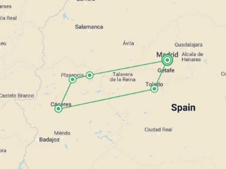 Map itinerary of Spain Tour in February 2026 with 4 destination visits for the trip: Classical Extremadura, Self-drive
