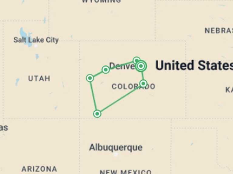 Map itinerary of USA Tour in July 2027 with 6 destination visits for the trip: Welcome to Colorado