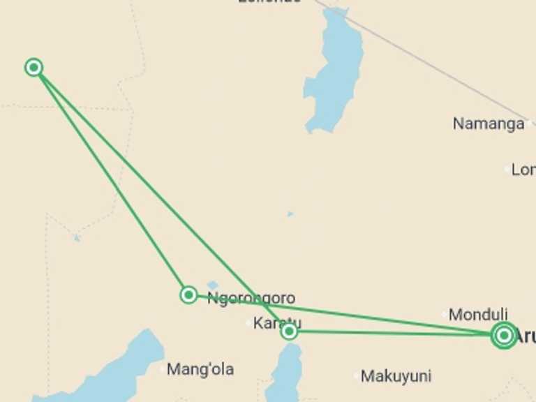 Map itinerary of Africa Tour in September 2026 with 4 destination visits for the trip: Journeys: Tanzania Safari Experience
