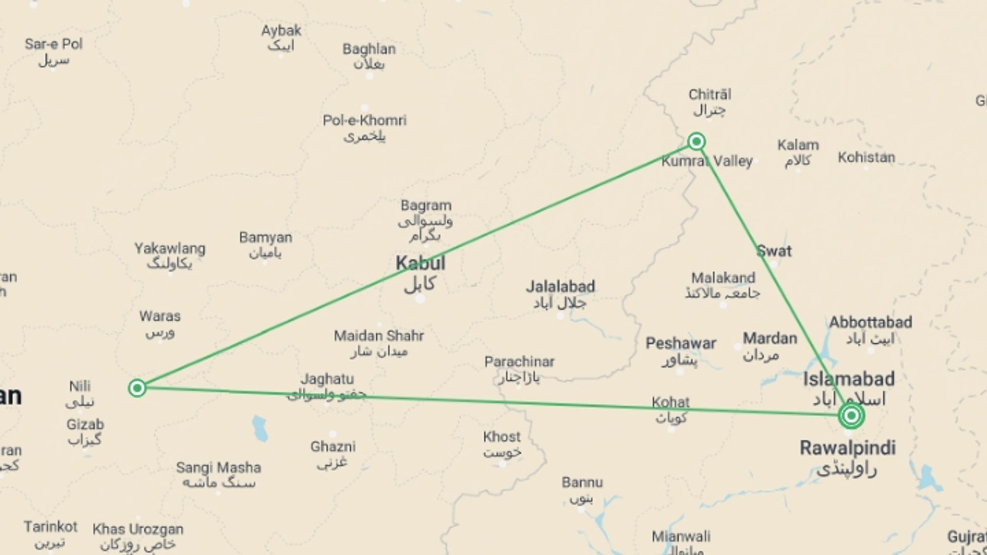 A map showing the tour itinerary for the trip: Magic of Gandhara and Kalash Valley, starting in Islamabad, Pakistan and ending in Islamabad, Pakistan going through 2 other destinations.