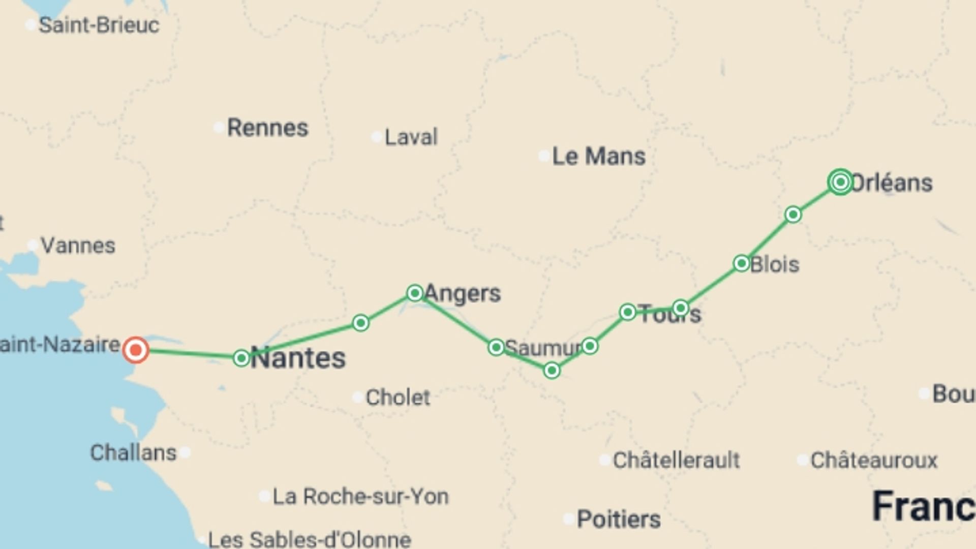 A map showing the tour itinerary for the trip: Cycle the Loire - Orléans to the Atlantic Coast, starting in Orléans, France and ending in St Brévin, France going through 13 other destinations.