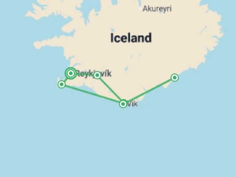 Map itinerary of Reykjavik Tour in February 2027 with 2 destination visits for the trip: Iceland's Magical Northern Lights 