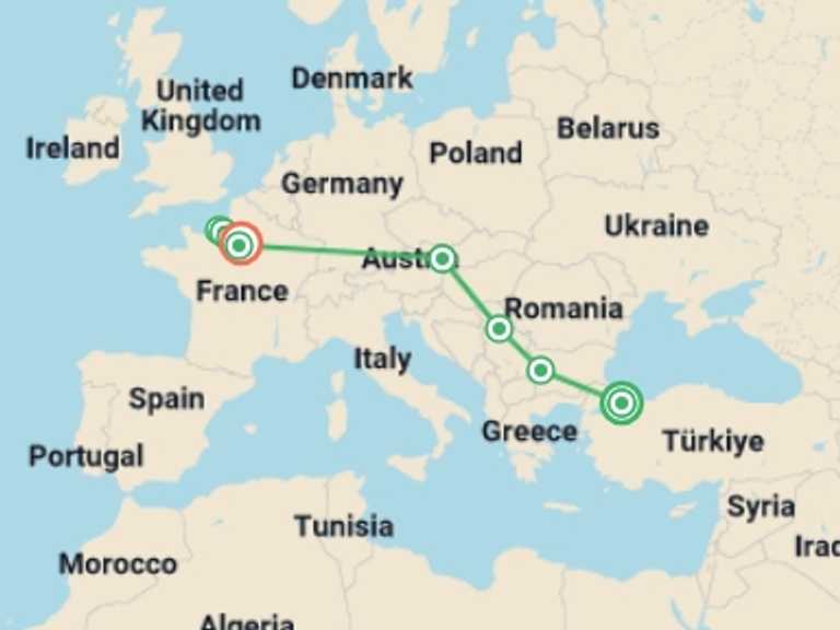 Map itinerary of Europe Tour in Fall with 9 destination visits for the trip: Cruise & Rail: Istanbul to Paris (2026)