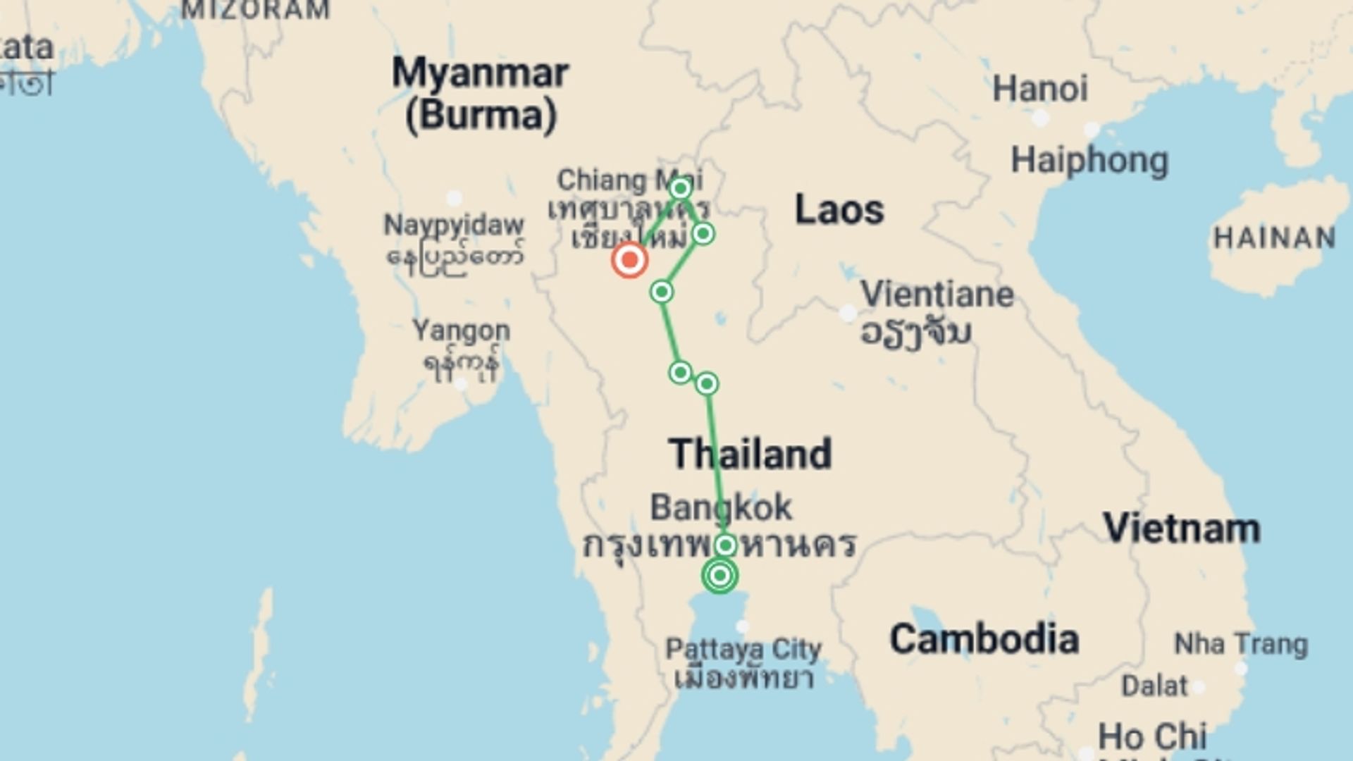 A map showing the tour itinerary for the trip: Experience Thailand 9 Days - Bangkok To The North, Small Group Tour (english Only), starting in Bangkok, Thailand and ending in Chiang Mai, Thailand going through 3 other destinations.