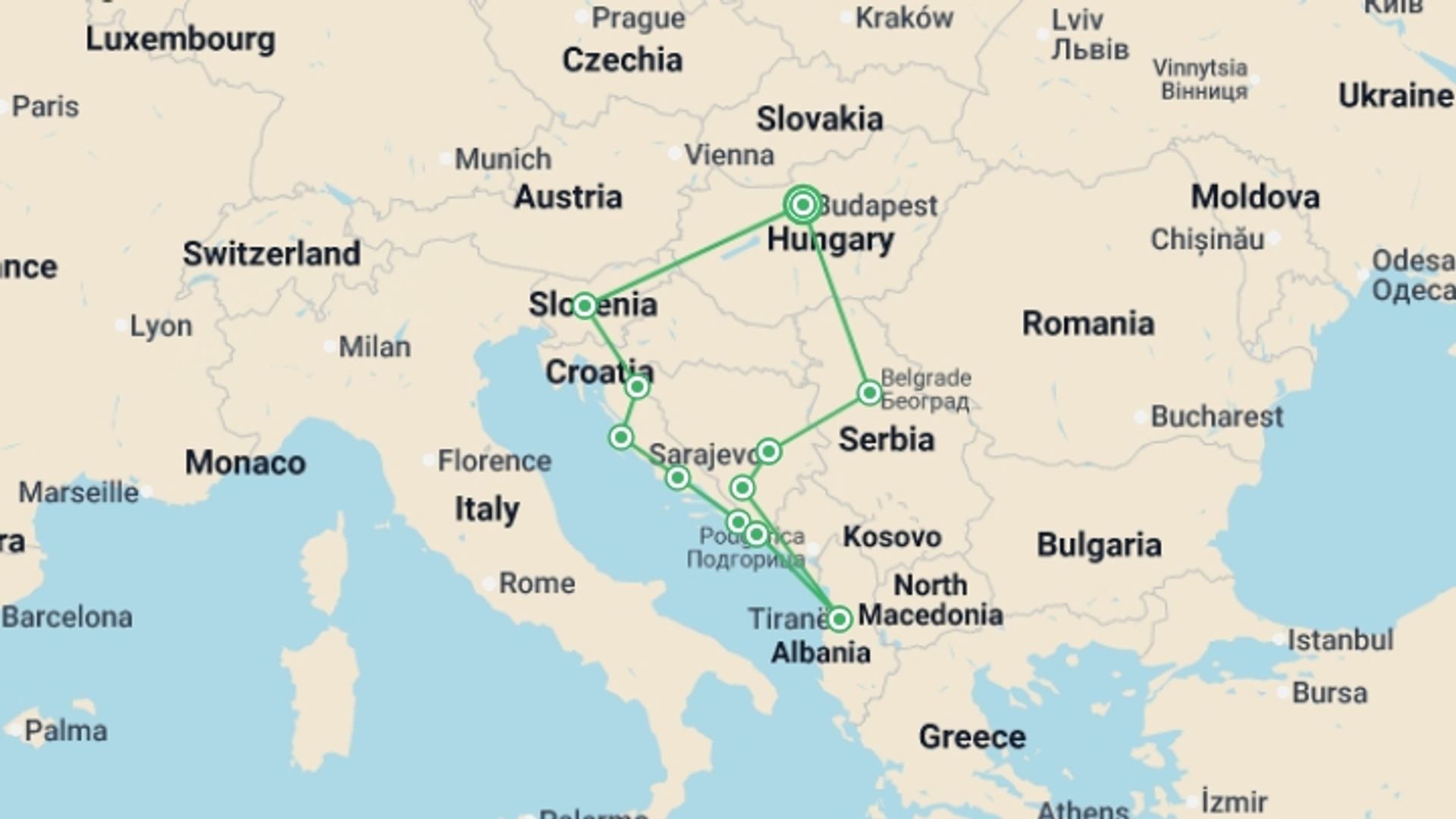 A map showing the tour itinerary for the trip: Best of Balkans, starting in Budapest, Hungary and ending in Budapest, Hungary going through 8 other destinations.