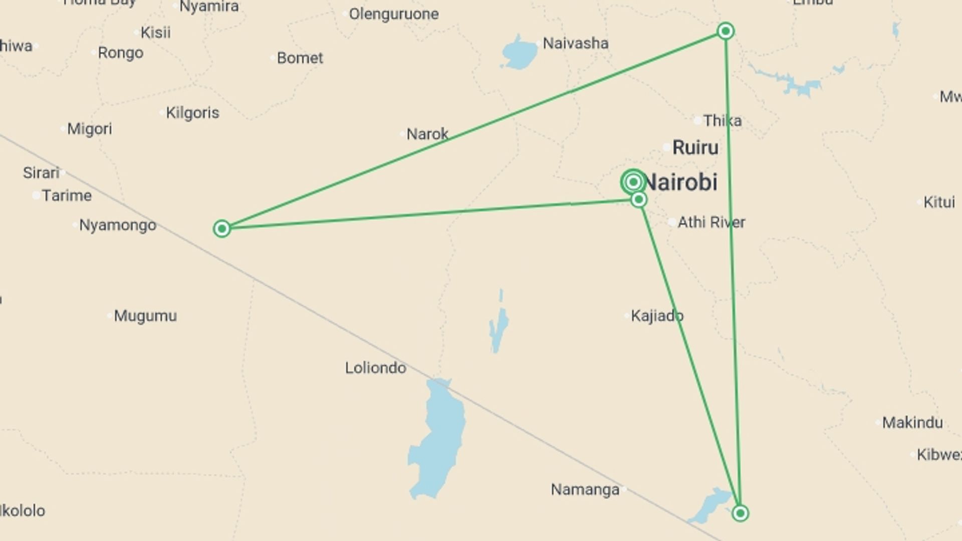 A map showing the tour itinerary for the trip: Kenya Adventure, starting in Nairobi, Kenya and ending in Nairobi, Kenya going through 3 other destinations.