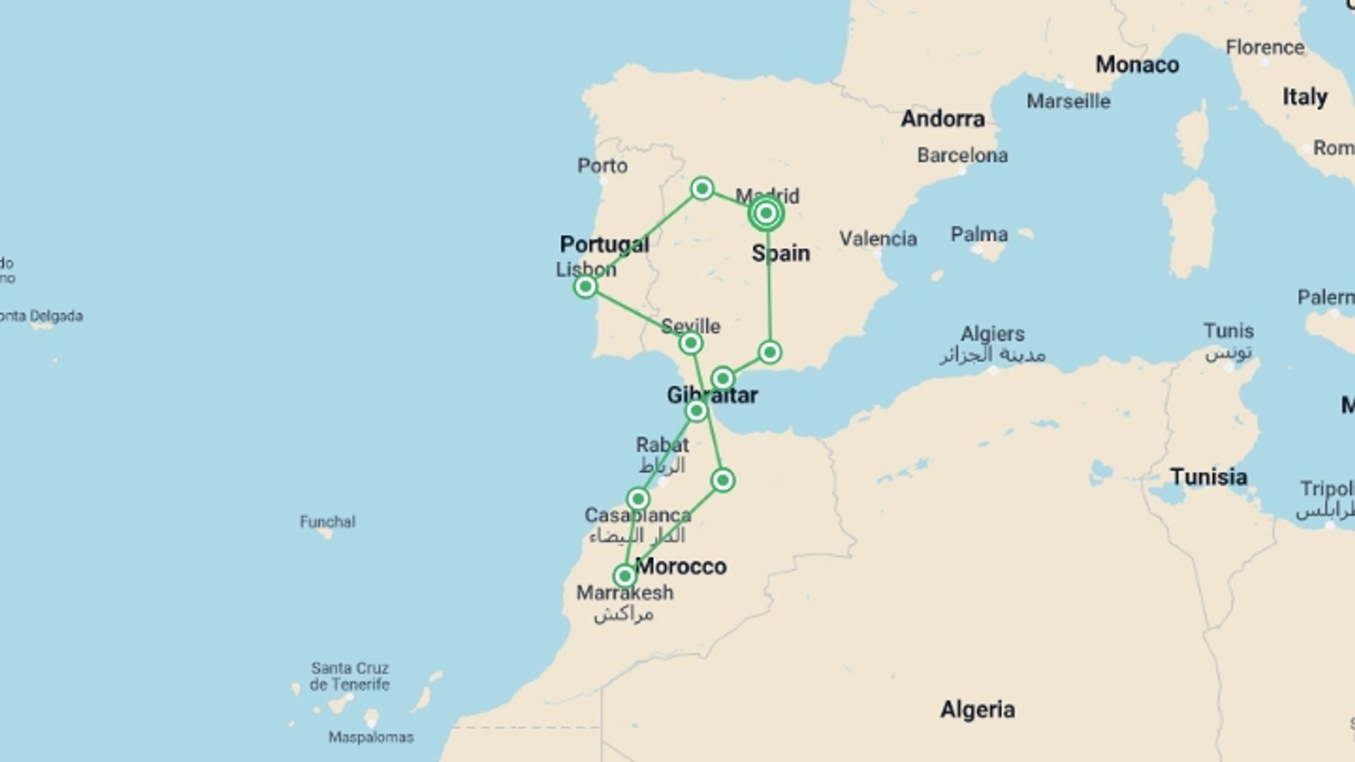 A map showing the tour itinerary for the trip: Treasures of Spain, Portugal & Morocco, starting in Madrid, Spain and ending in Madrid, Spain going through 9 other destinations.
